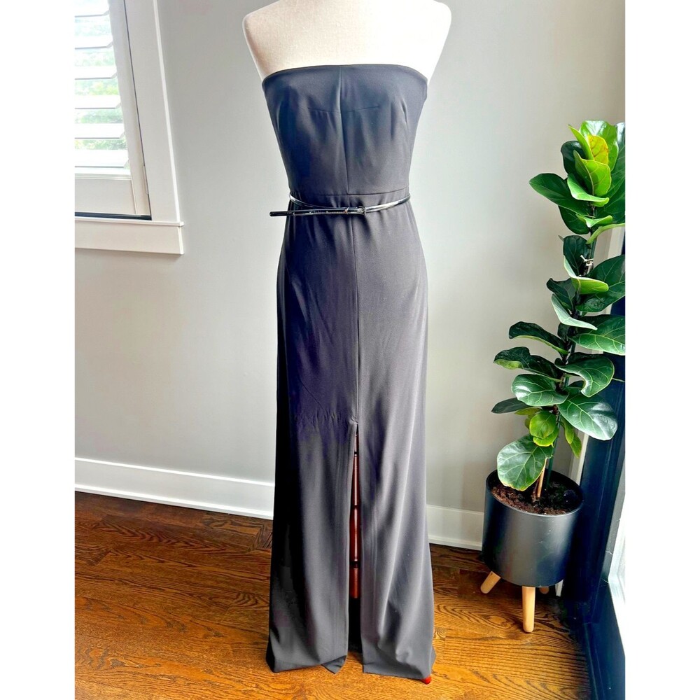 Halston Heritage Womens Black Strapless Front Slit Evening Gown with Belt Size 8